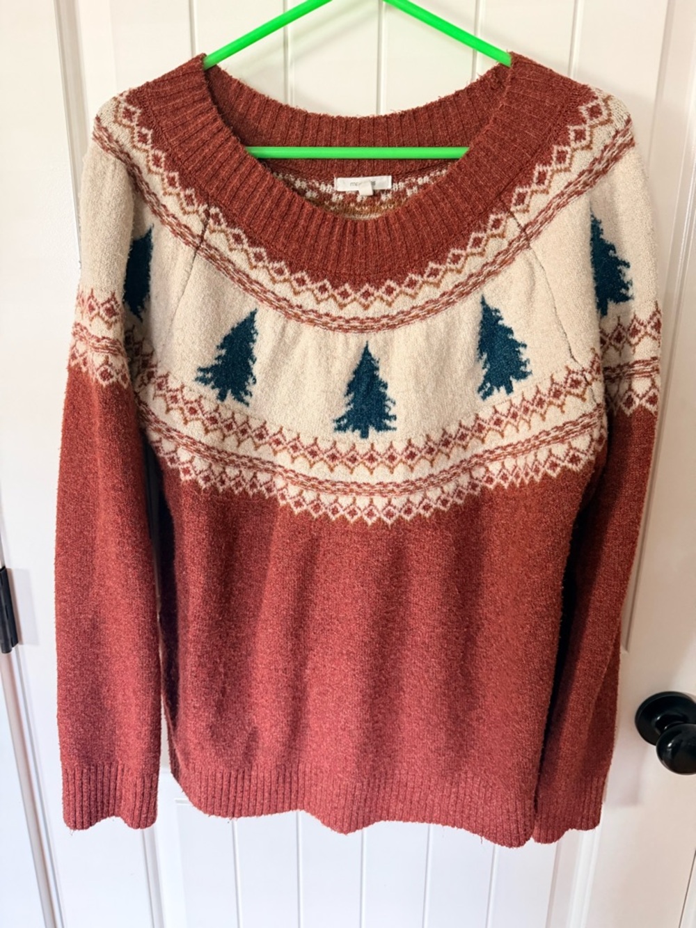 Maurices Rust Orange and Cream Tree Fair Isle Sweater